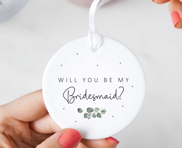 Will You Be My Bridesmaid? Wedding Proposal Ceramic Keepsake - Eucalyptus Sage Green Design
